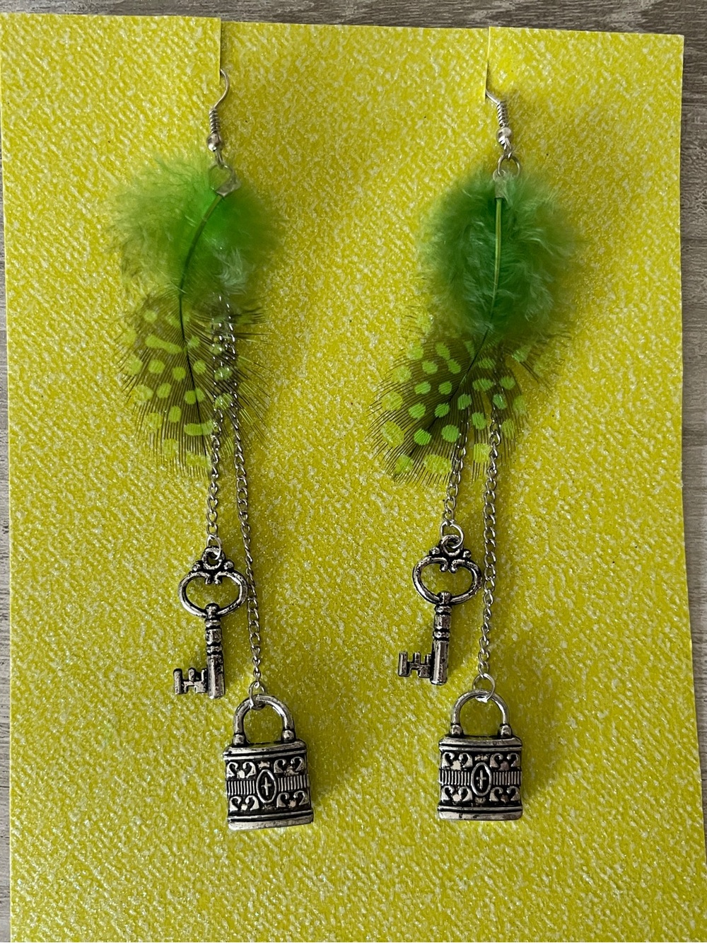 Green Feather Silver Earrings 4.5”